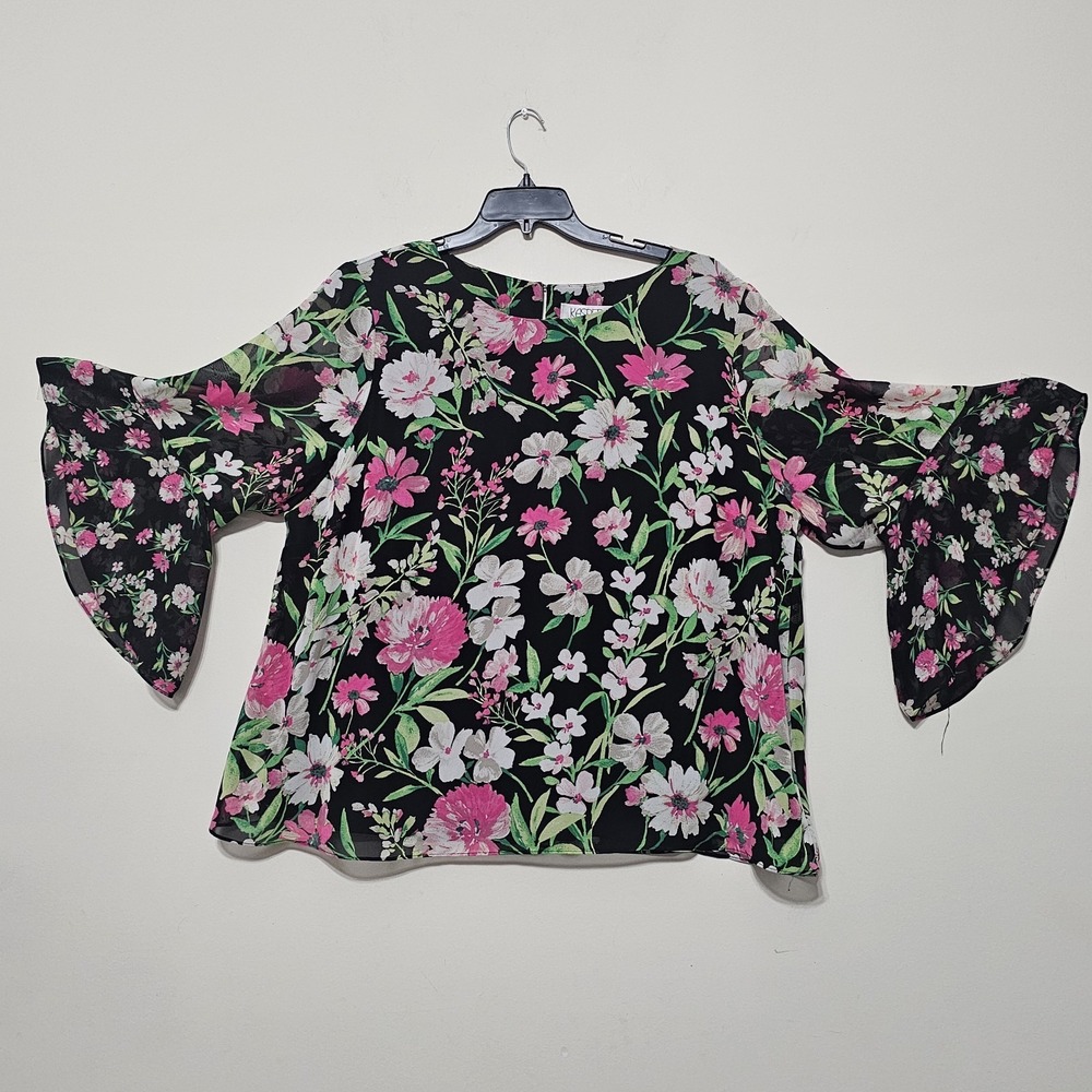 Kapser Women's Top Blouse Plus Size 3X Black Pink Floral Flutter Sleeves 775